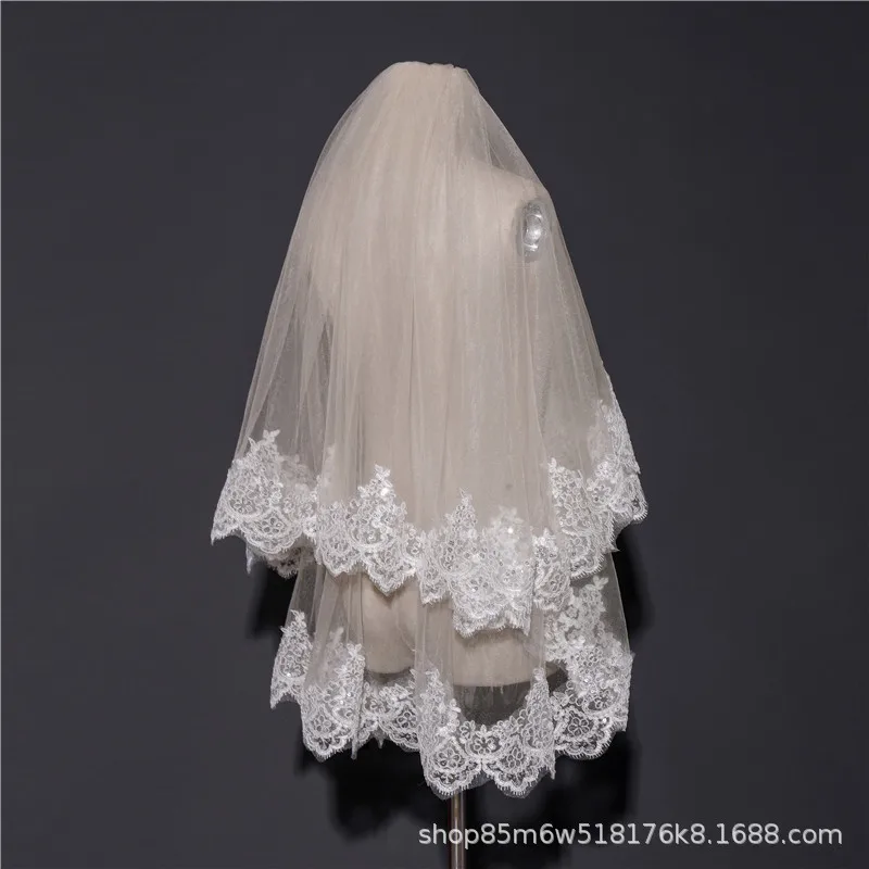 Double Layer Sequin Lace Champagne Color Veil Hair Comb Short Veil Wedding Accessories Studio Photo Shoot Bride Marriage Veil