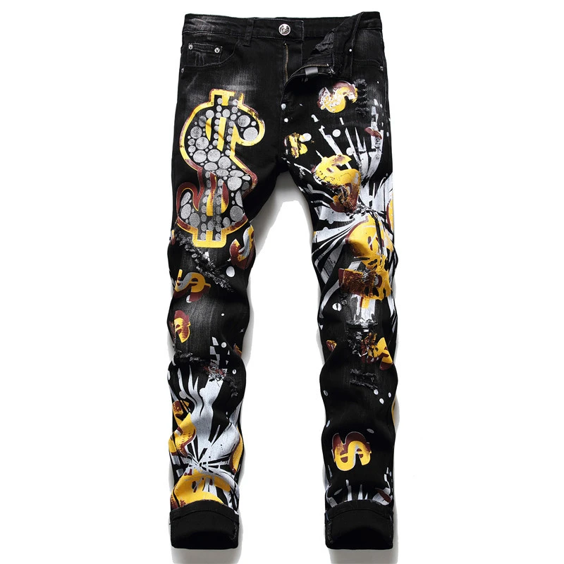 Pantalones vaqueros ajustados con estampado negro para hombre, Vaqueros rasgados con agujero roto, con estampado de pintura de moda, otoño e invierno, 2021