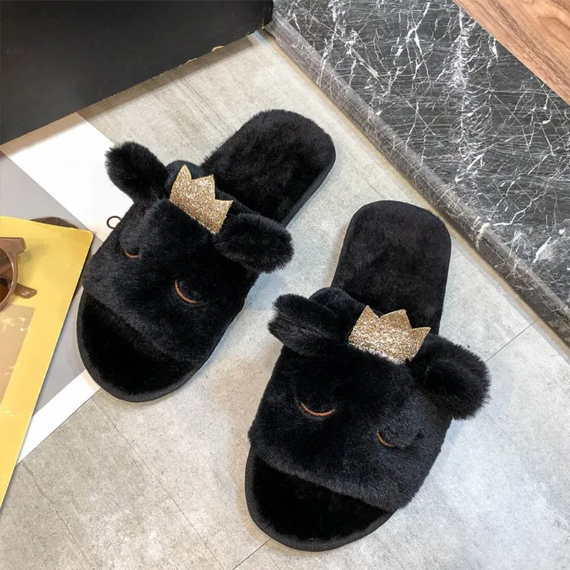 

Winter Warm Slippers Soft Women Home Faux Fur Cartoon Flat Female Plush Comfort Casual Shoes Bedroom Ladies Fashion 2019