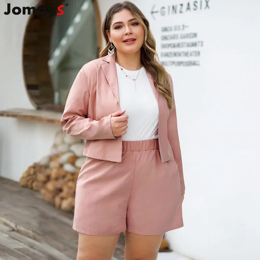 

Two Piece Set Women Plus Size Solid Pink Blazer Suit Sets Long Sleeve Shirt + Short Pants Office Lady OL Workwear Elegant 4XL