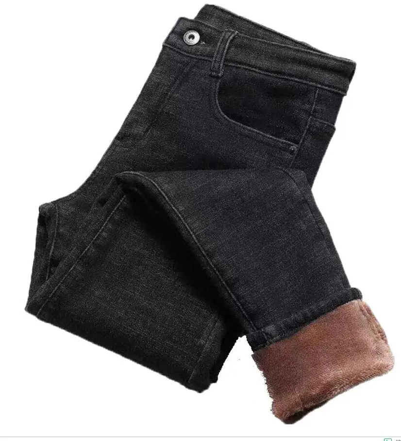 Высококачественные джинсы, плотные женские модные Стрейчевые узкие брюки с высокой талией, женские повседневные джинсы размера плюс, бархатные женские джинсы s - Цвет: Thick black brown