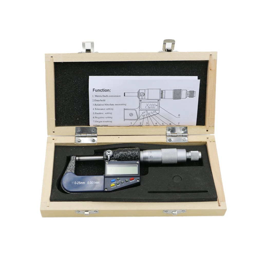 0-25mm Caliper Gauge Battery Powered LCD Display Outside Electronic Meter Carpentry 0.001mm Scale Digital Micrometer Portable |