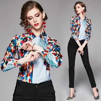 

COIGARSAM Casual Print Shirt Womens tops Spring Full Sleeve Straight Turn-down Collar Women shirts Light Blue 3197