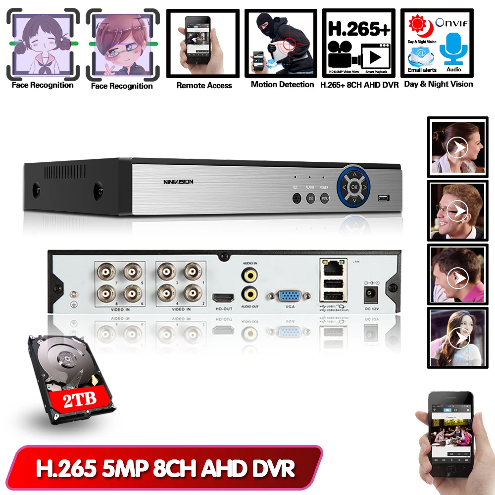 AI Face Detection Face recognition Face Playback 8CH AHD Network Video Recorder H.265+ 5MP Hybrid DVR NVR IP Camera Security kit