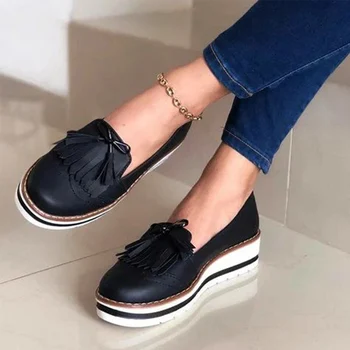 

Women's Tassel Loafers Woman Slip On Sneakers Ladies Soft PU Leather Sewing Platform Thick Bottom Flats Female Shoes New Fashion