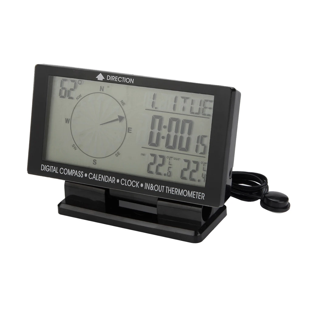 LCD Display Car Digital Compass Blue LED Luminous With Clock Indoor/Outdoor Thermometer Calendar Function with Base Holder