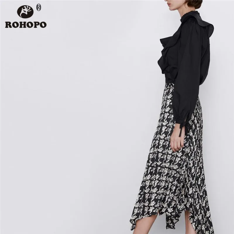 ROHOPO, длинный рукав, черный хлопок, поплин, блузка, оверлок, полу воротник, спереди, гофрированный, галстук, манжеты, женские топы, рубашка, одноцветная Блуза#9483