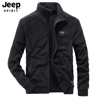 JEEP SPIRIT/брендовая Осенняя флисовая куртка для мужчин; Повседневная теплая военная куртка с воротником-стойкой; ветровка; осеннее пальто для мужчин - Цвет: Черный