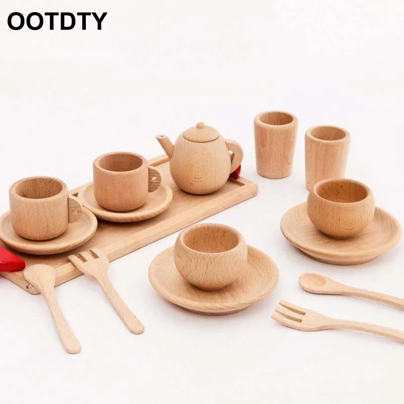 

Wooden Tableware Tools Tea Pot Tea Cup Teatime Party Play Toy Dollhouse Miniature Kitchen Tableware Accessories for Kids Toy