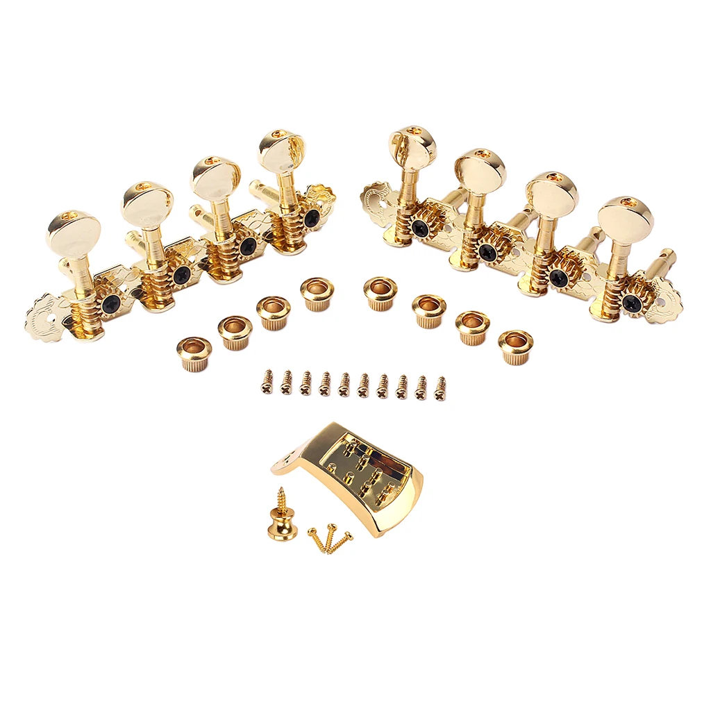 1 Set 4R4L Tuning Pegs Machine Heads with Tailpiece Strap Lock Screws Golden for Mandolin Accessory