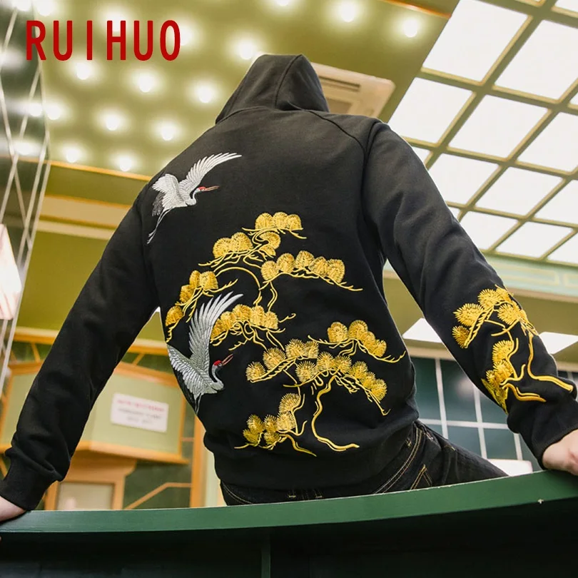 RUIHUO мужские толстовки с вышивкой в японском стиле Харадзюку, Мужская толстовка, уличная одежда в стиле хип-хоп, Черная мужская толстовка с капюшоном 4XL