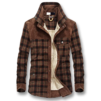 Red Coffee Мужские осенне-зимние клетчатые рубашки из плотного флиса Camisa Masculina, мужская повседневная модная облегающая зимняя рубашка большого размера - Цвет: Red Coffee