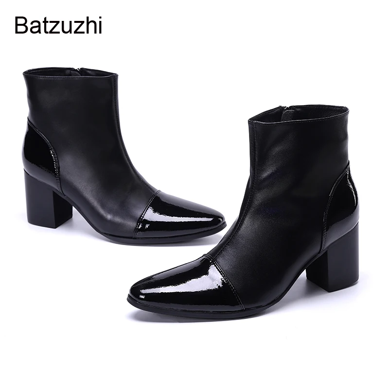 Batzuzhi Black Genuine Leather Boots Men Pointed Toe Men Boots 7CM High Heels Handsome Knight Botas Hombre Party /Wedding Men