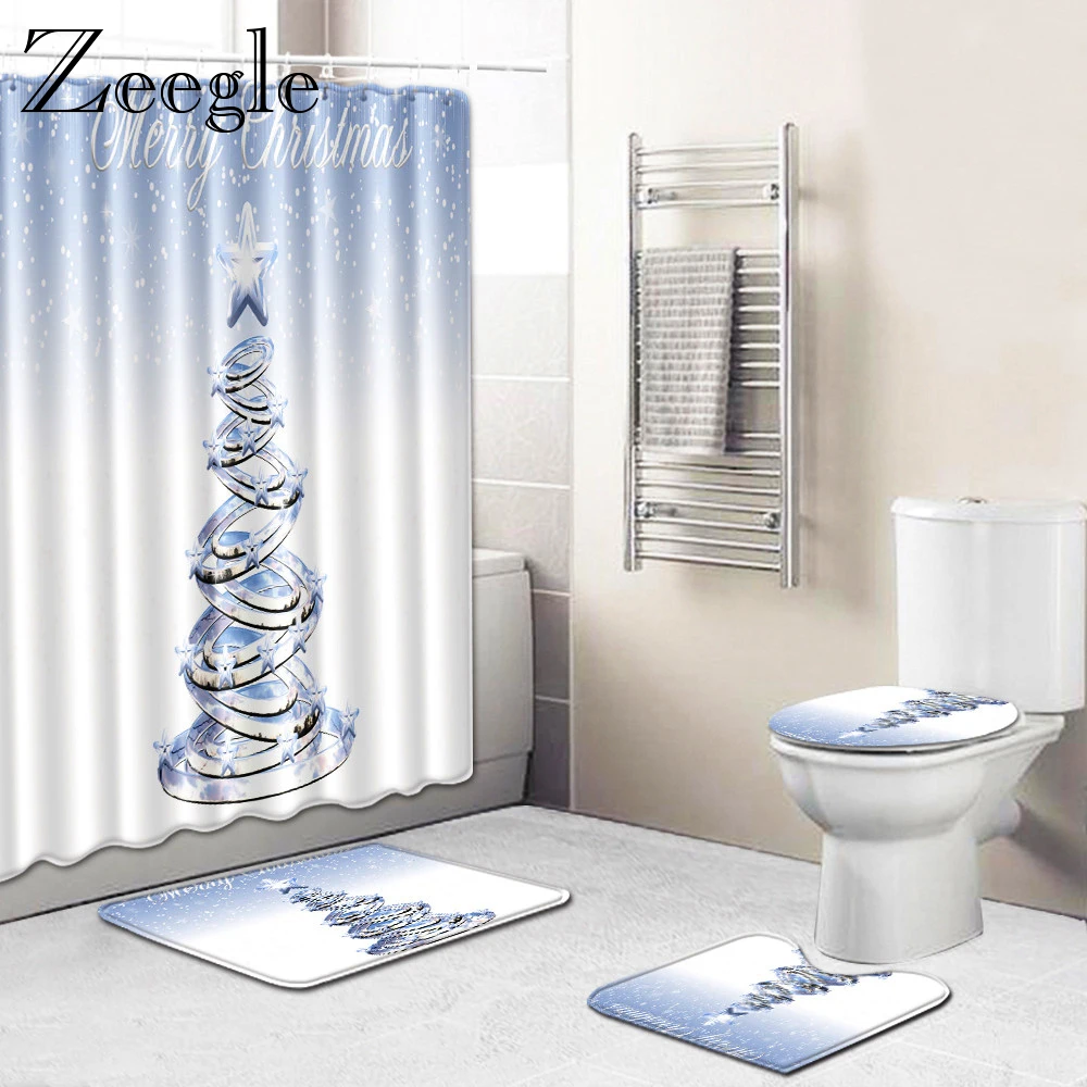 Zeegle 4pcs Christmas Bath Curtain Bathroom Mat Set Anti-slip Shower Carpet Bath Mat Washable Toilet Mat Bathroom Carpet Set
