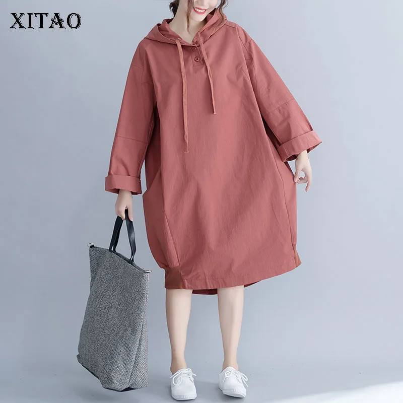 

XITAO Leisure Loose Long Sleeve Plus Size Dress Women Korean Style Solid Color Hat Big Size Dress 2019 Autumn Dress GCC1245