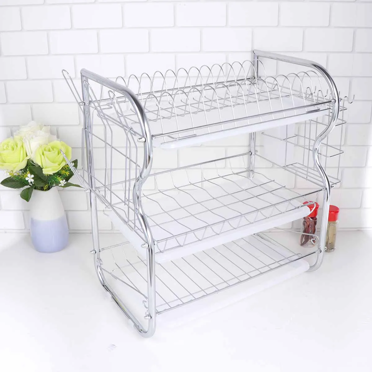 3 Layer Dish Drainer Iron Art Kitchen Cutlery Drain Rack Utensils Storage Organizer Rustproof Dishes Plates Organization Shelf
