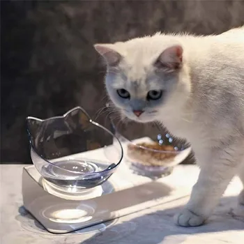 

2020 New 15°C Slant Pet Food Pot Bowl Single Bowl Double Bowls Drinking Water Container Cat Ears Shape Transparent Pet Bowl