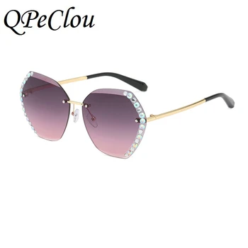 

QPeClou 2020 New Vintage Rimless Oversized Sunglasses Women Fashion Luxury Shining Diamond Sun Glasses Female Big Frame Shades