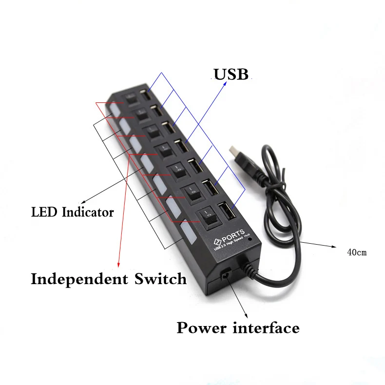Микро USB концентратор 2,0 Мульти USB 7 портов высокоскоростной usb-порт разветвитель переключателей ПК Компьютерные аксессуары
