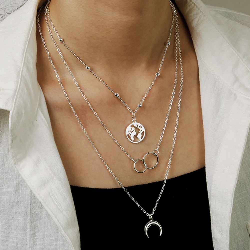 Vintage Silver Color Moon Map Pendant Necklace 2020 Bohemian Circle Geometry Layered Collar Fashion Women Jewelry | Украшения и