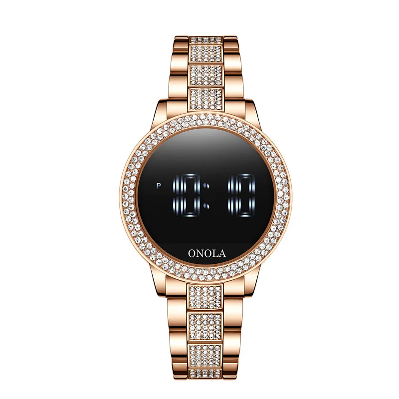 Fashion full diamond touch screen Led display ladies waterproof steel band quartz movement electronic watch business watch 