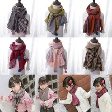 Корейский хлопковый и льняной шарф в клетку с помпоном, детская шаль для девочки, шарфы, От 2 до 10 лет