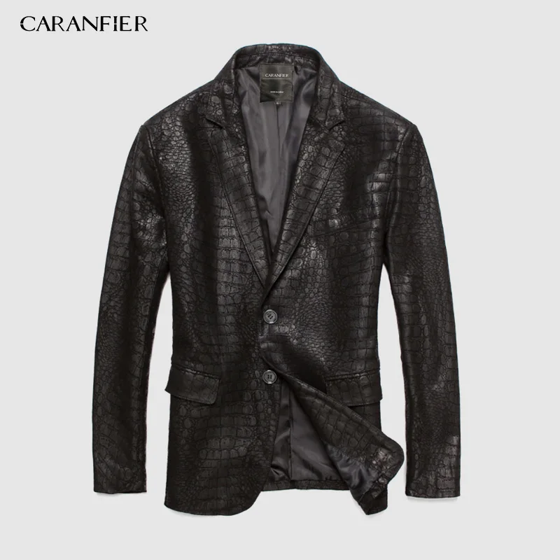 CARANFIER костюм для мужчин Slim Fit из натуральной кожи мужской однобортный костюм из овчины с передним карманом формальная кожаная куртка для мужчин - Цвет: Черный