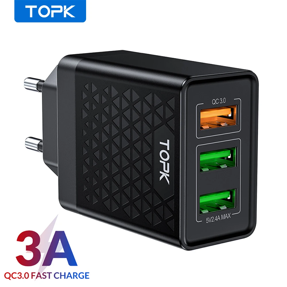 Быстрое зарядное устройство TOPK B354Q с 3 портами USB 30 Вт многофункциональное для iPhone