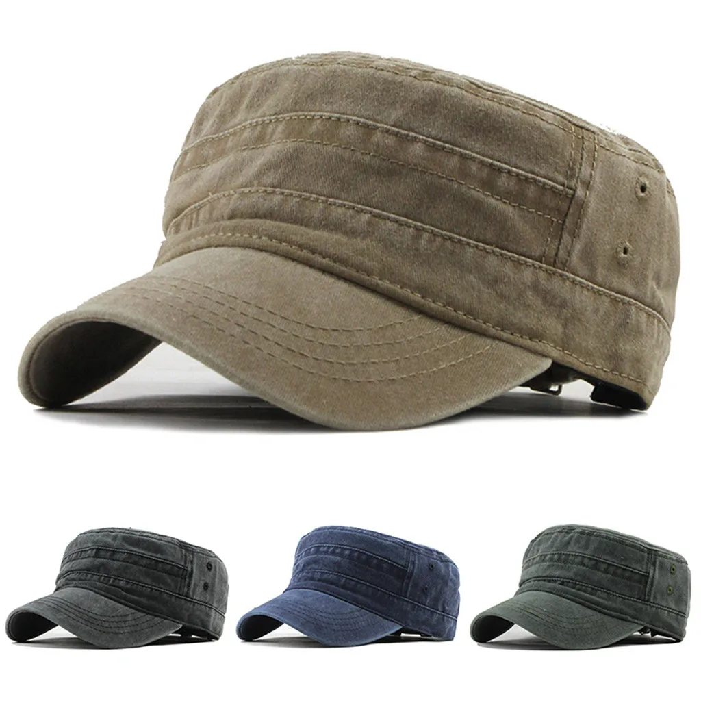 Military Hats For Men 2020 Classic Vintage Flat Top Mens cotton Washed