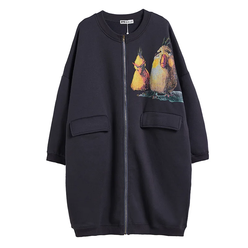 Johnature Korean Fashion Women Long Print Coat Autumn Winter New Casual Loose O-neck Zipper Wide-waisted Cartoon Outerwear