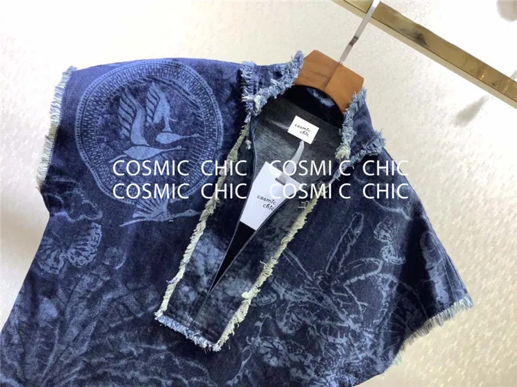Cosmicchic, подиумный дизайн, женский джинсовый костюм, цветочный принт, короткий рукав, джинсовая рубашка, широкие джинсы, штаны с кисточками, комплект из 2 предметов