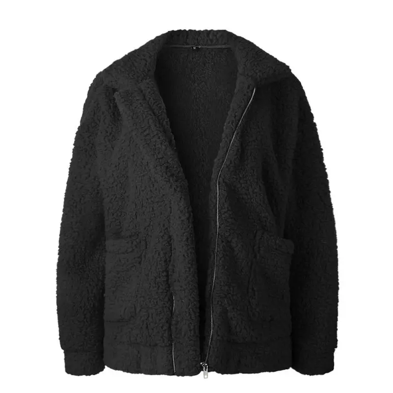 Черный Женское меховое пальто, куртка, теплые плюшевые пальто на молнии, большой карман, Элегантная Модная Осенняя верхняя одежда, Rk# E - Цвет: Черный