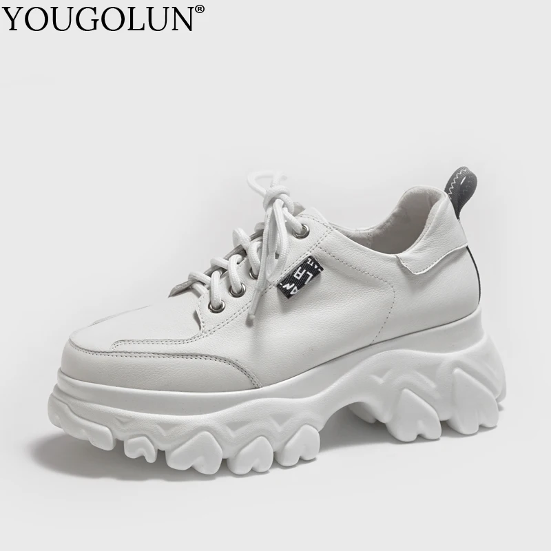 

Women Sneakers Cow Leather Spring Platform Flats Increased New Sneaker C251 Woman Comfortable White Apricot Black Lace up Shoes