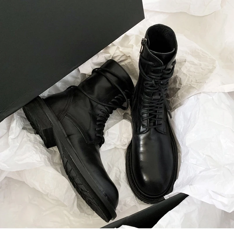 Runway Motorcycle boots Woman Chunky Heels Genuine Leather Ankle Boots Women Fashion Women's Round Toe Punk Boots