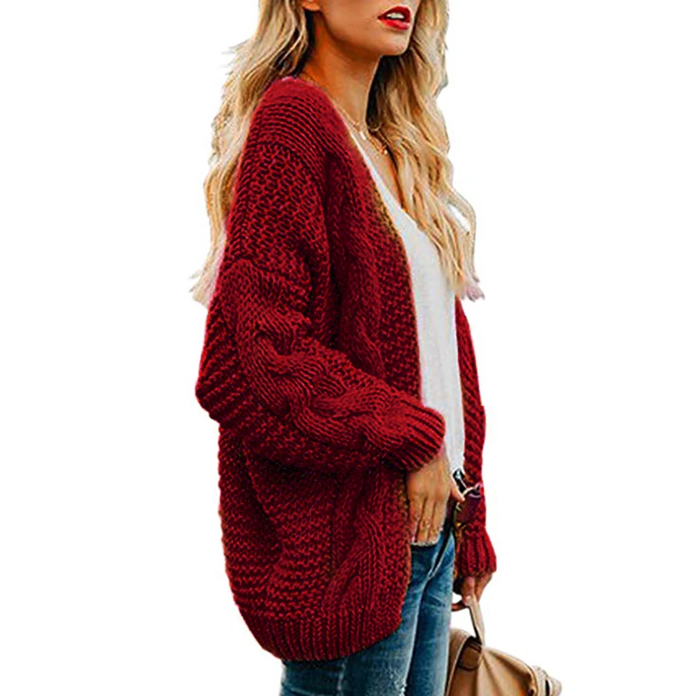 Для женщин твист монотонный Кардиган крупной вязки свободный свитер большого размера зимние топы Для женщин вязаный свитер, свободного кроя, Топ
