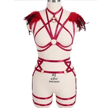 Бюстгальтер с перьями, сексуальный пояс для подвязок, комплект из 2 предметов, топ, клетка, плечо, панк, нижнее белье на подтяжках, эластичный, размера плюс, для ночных клубов, танцев