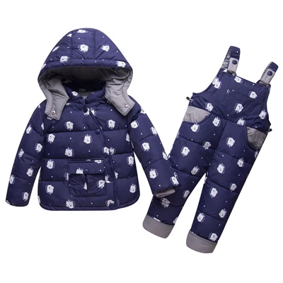 Dark Blue Милый детский теплый комплект одежды для мальчиков и девочек лыжный костюм комбинезон Единорог пуховик с капюшоном зимняя одежда для малышей - Цвет: Dark Blue
