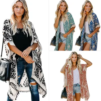 

2020 New Summer Beach Shawl Cardigan Short-Sleeved Printed Pompon Kimono Smock Mid-length Coat Bali Seaside Holiday Casual Women