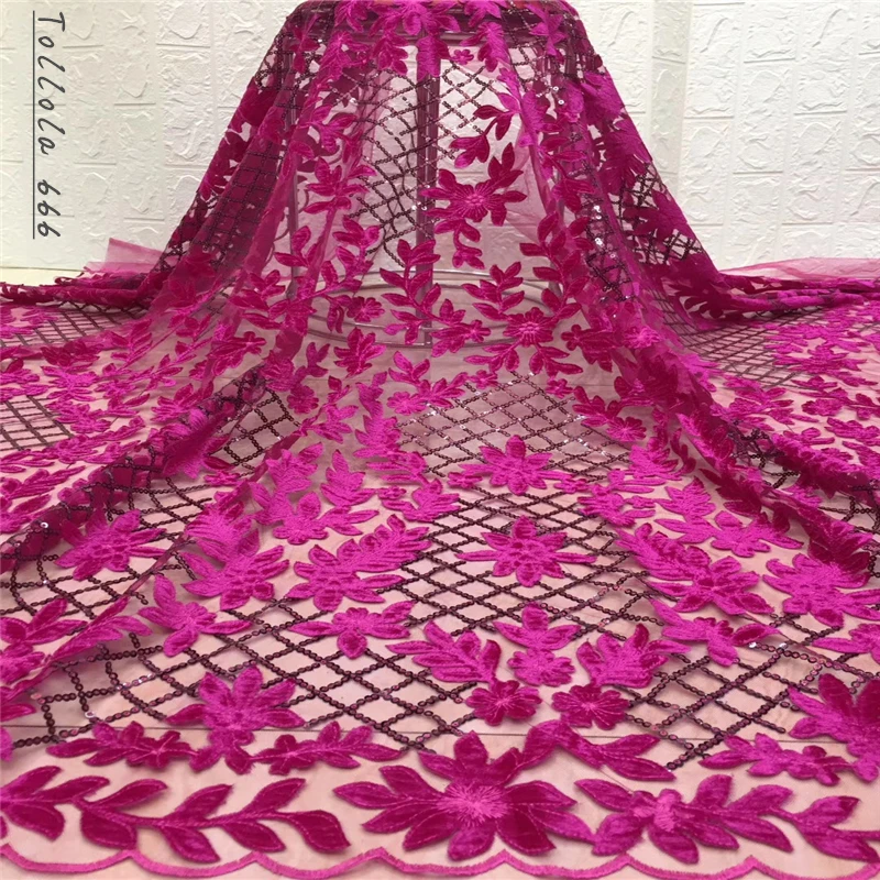 

Nigerian Lace Fabric 2019 High Quality Sequin Velvet Lace Fabric Fuchsia Embroidered Tulle African Velvet Lace Fabric