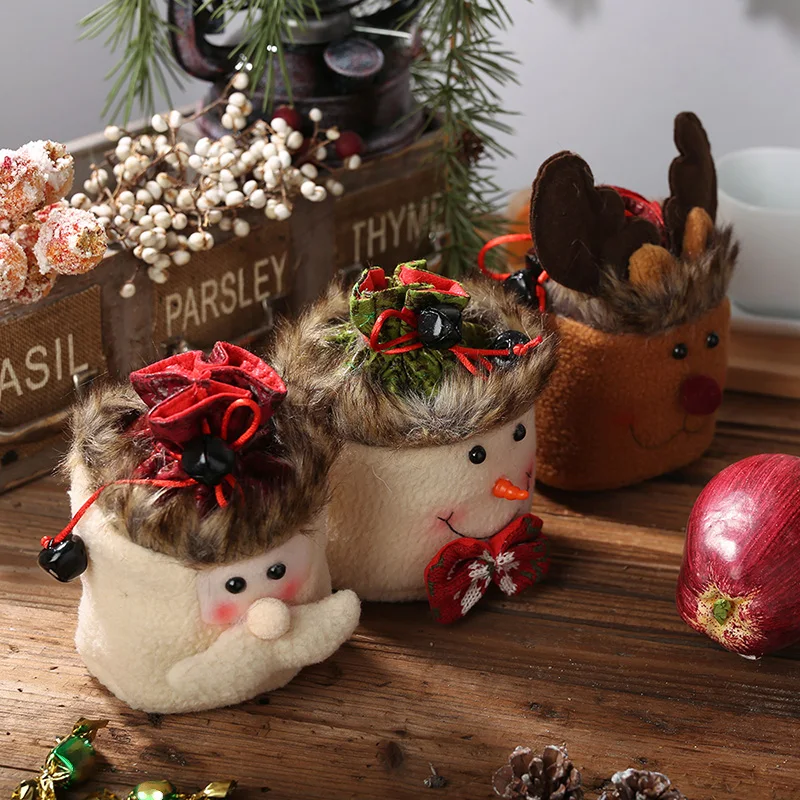 1 Рождественский детский Подарочный мешок для конфет, Санта-Клаус, снеговик, лось, сумка для хранения на шнурке, Рождественский Декор, зернистый бархатный мешок для хранения небольших товаров
