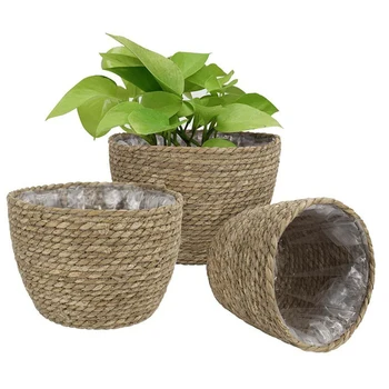 

3pcs Planter Basket Rustic Indoor Outdoor Gardening Natural Seagrass Flower Pot Plant Container With Interior Plastic Coating