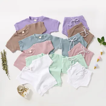 

Toddler Kids Baby Girls Boys Solid T shirt Tops Bow Shorts 2PCS Outfits Set