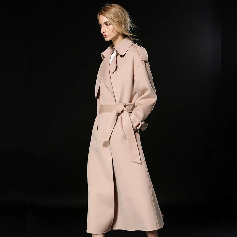 Длинные шерстяные кашемировые пальто для женщин осень зима женские куртки плюс размер пальто Тренч стиль двойной бежевый