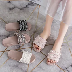 New Summer Womens Sandals Pearl Platform Slippers Open-toe Shoes Fashion Beach Shoes Flat Slippers for Women Comfortable Sandals