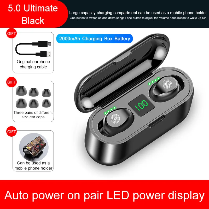 BLE V5.0 Earphone F9 Mini Smart Touch TWS беспроводные наушники Bluetooth наушники 5,0 беспроводные наушники 8D стерео гарнитура с зарядным устройством 2000 мАч - Цвет: BLE V5.0 Earphone