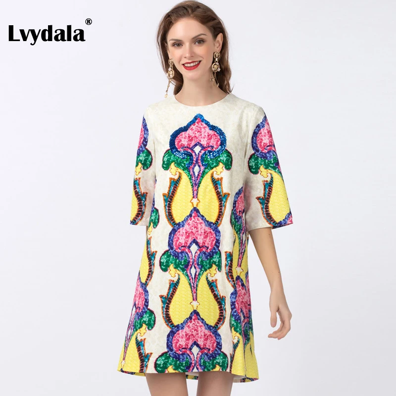 Lvydala, модное дизайнерское платье, весна-лето, женское платье, рукав до локтя, с принтом, стильное, расшитое бисером, с блестками, свободные платья для вечеринок
