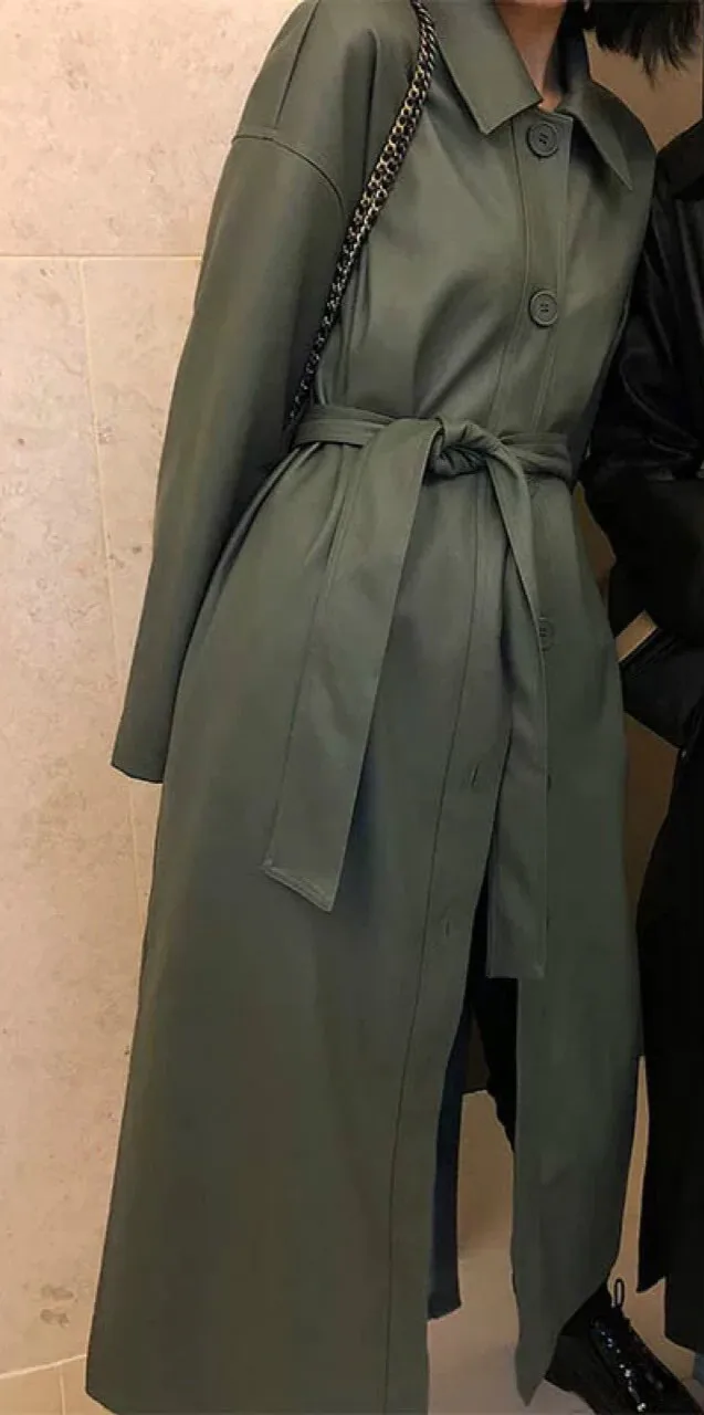 New Spring and Autumn Cool Long Leather Women's Loose Lace Up PU Leather Trench Coat Leather Coat Women Oversized Coats
