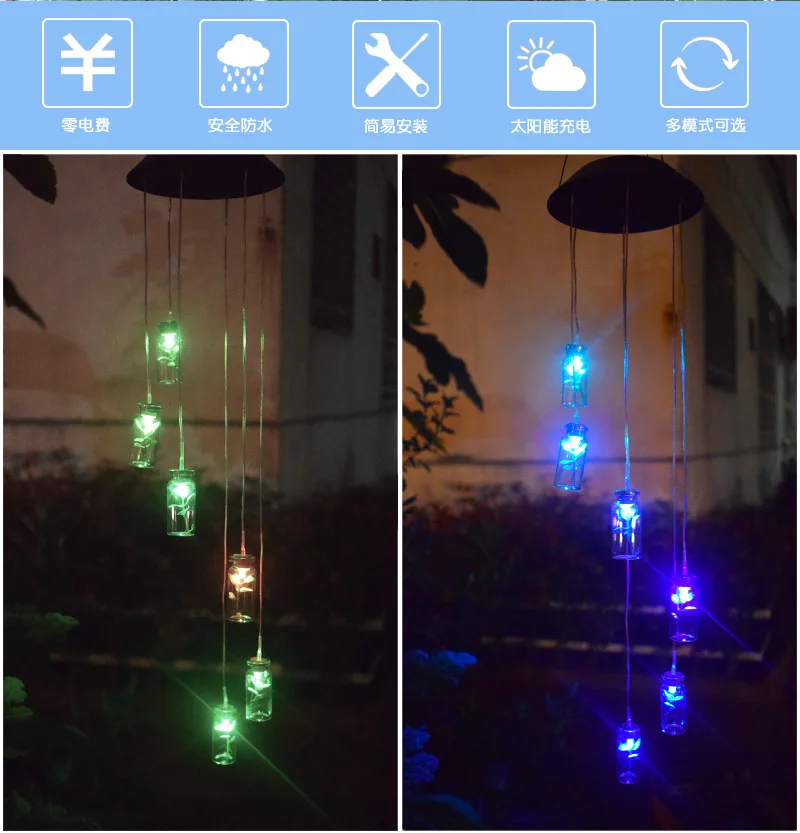 Amazon Cross Border Solar Wind Chime Wish Bottle Подвесная лампа на солнечных батареях Светодиодный свет изменение цвета Солнечный садовый светильник