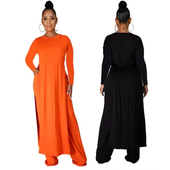 

2020 Autumn New Women's Suit European and American Women's Casual Solid Color Long Shirt Wide Leg Pants Two-Piece Set