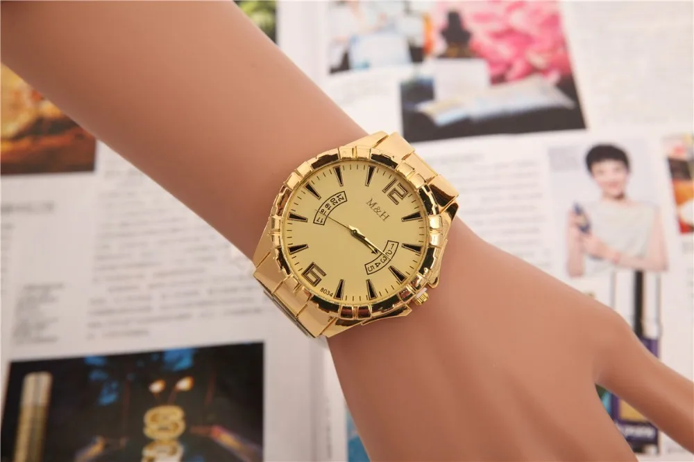 Высококачественные часы из золотистой стали, мужские Роскошные наручные часы из сплава, модные Имитационные Кварцевые спортивные часы с календарем, мужские часы